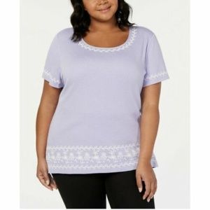 Karen Scott Women's Purple Embroidered Striped Short Sleeve Top Plus Size 0X